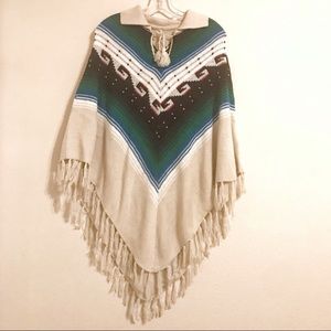 Vtg Aztec Western Poncho OS off white green